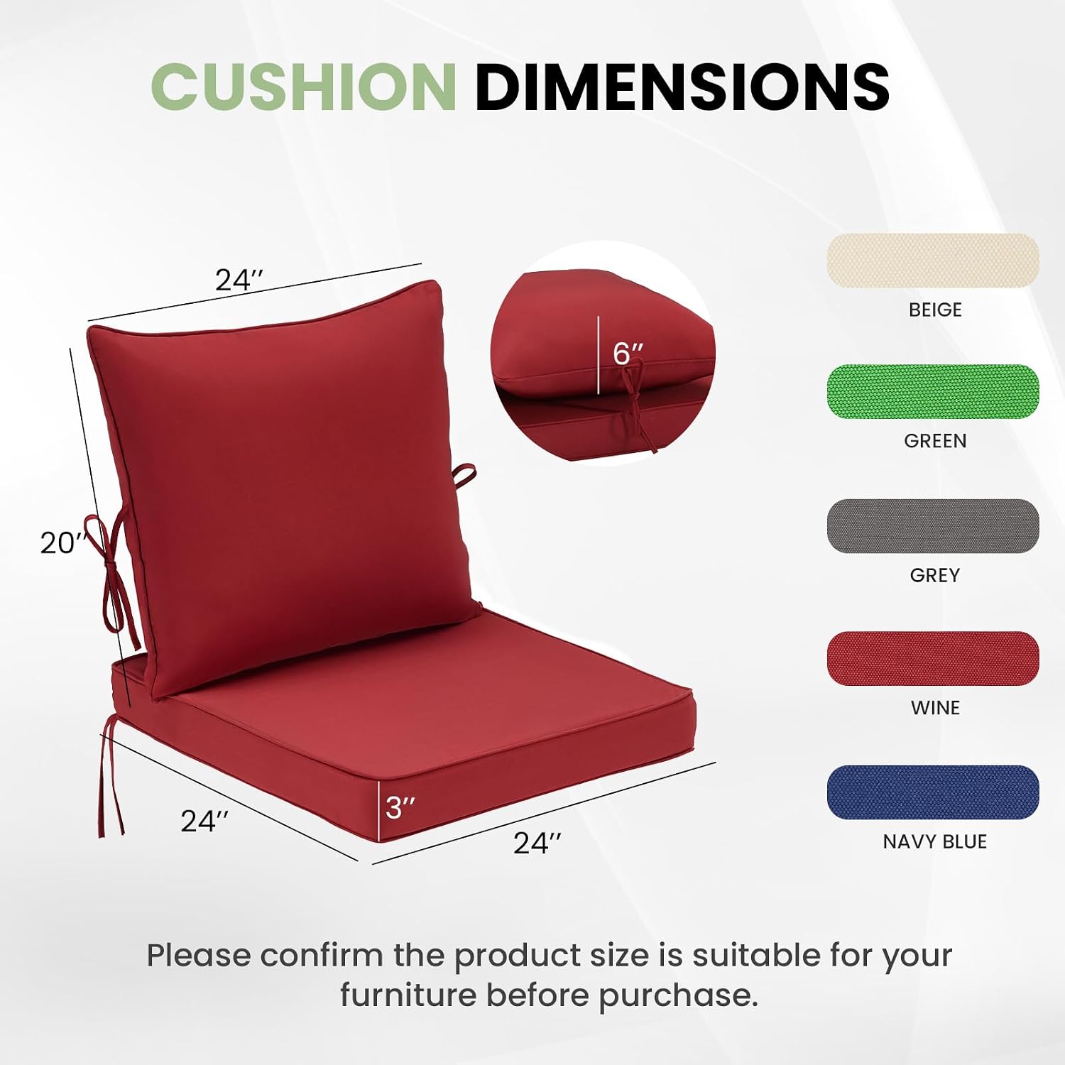 Soohow Outdoor Chair Cushions Set of 4, 24"× 24" Outdoor Sofa Replacement Cushions with Removable Cover for Patio Furniture, Wine
