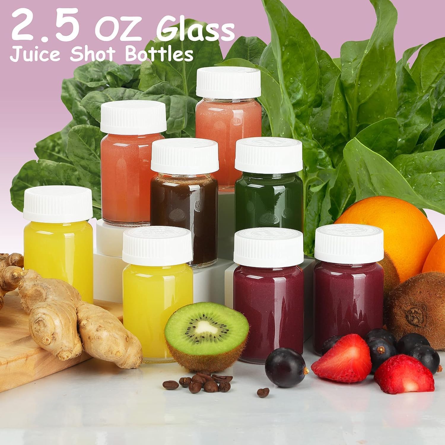 Syntic 8 Pack 2.5 Oz Wide Mouth Juice Shot Bottles with 8 Sealed Press Screw Caps & 4 Airtight Lids! Clear Small Glass Ginger Shot Bottles for Oil, Ginger, Travel Bottle, Reusable and Dishwasher Safe - Image 2