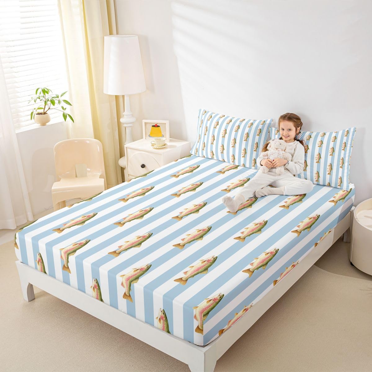 Erosebridal Baby Blue Striped Fitted Sheet Full Fish Bed Sheets for Kids Teens Geometric Stripes Bedding Set Ocean Animals Sheets with Pocket