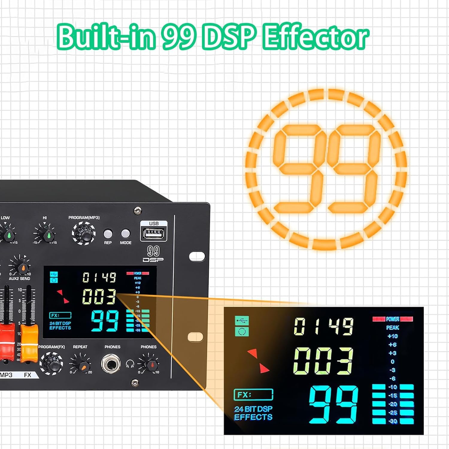 Mezclador estéreo de 9 canales con pantalla digital, procesador de efectos digitales de 24 bits, 99 efectos, alimentación fantasma de 48 V para transmisión