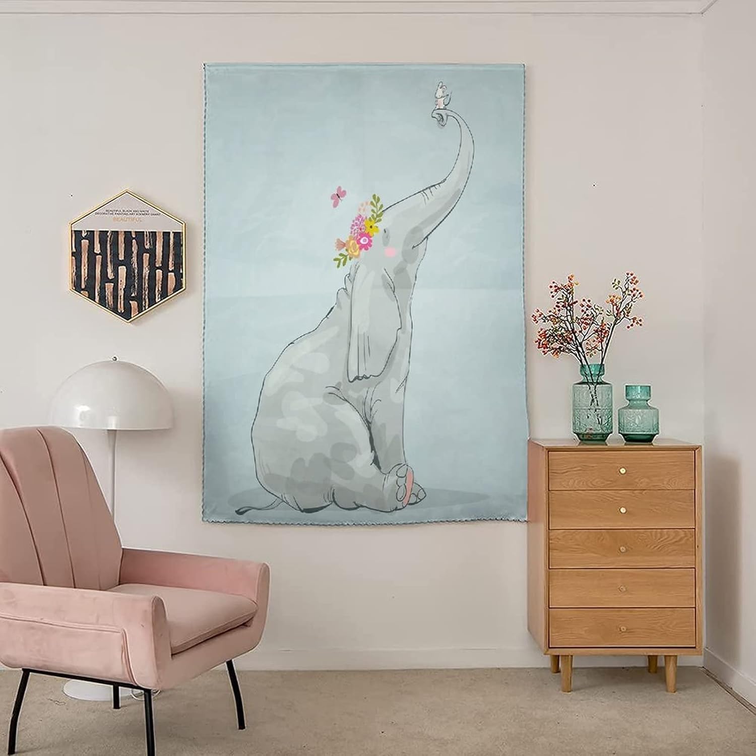 Autohesion Curtains, Nursery Window Curtain Panel, Elephant Little Mouse Friendship Fun Art Hand Drawn Print Thermal Lnsulated Room Darkening Small Drapes,59W x72L Inches, for Kitchen Bathroom