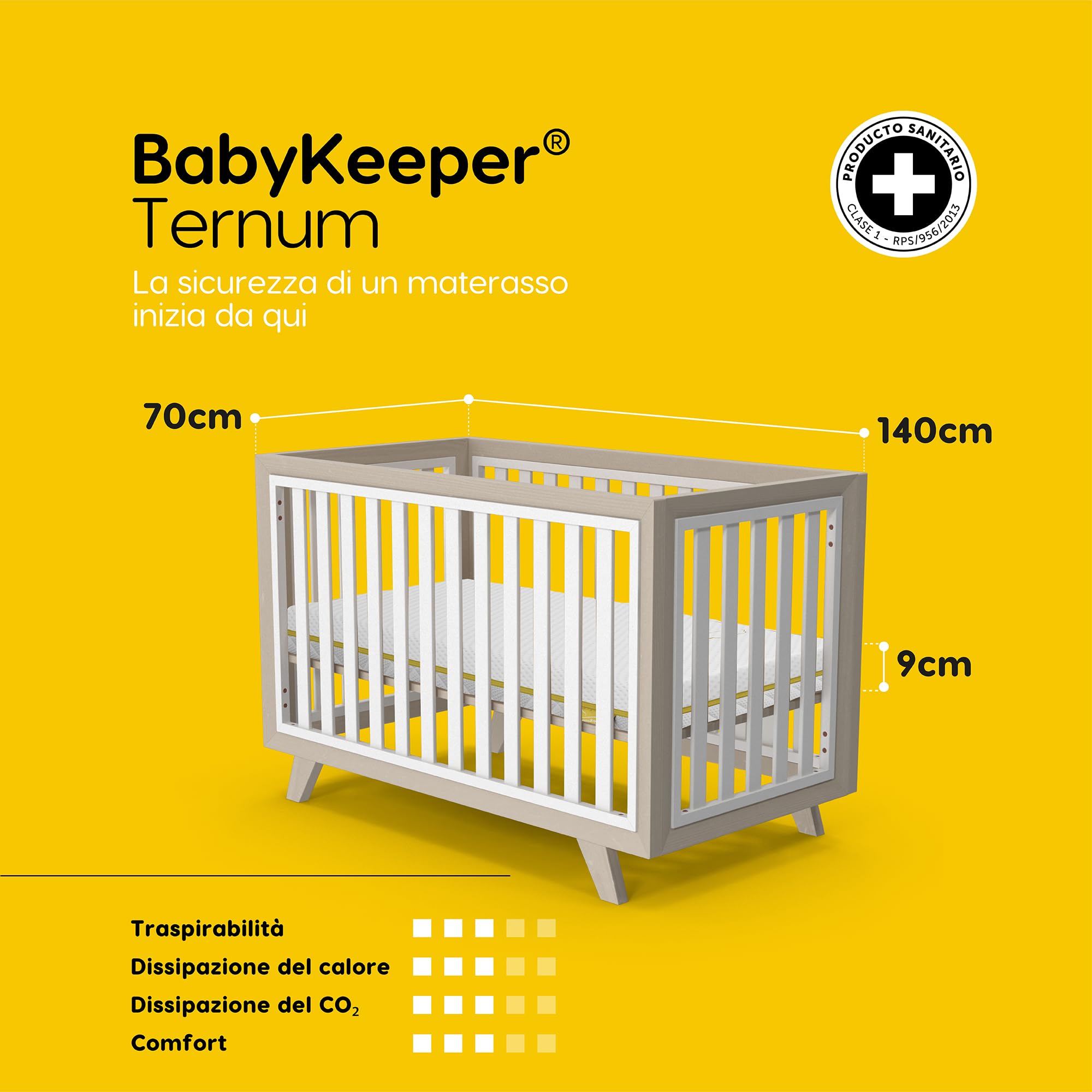 Ternum - Materasso Lettino Neonato 140x70 | Traspirante, 100% Lavabile e Sicuro | Tecnologia Baby Care Sleep | OEKO-TEX | Comfort per Culla Neonato 9,2 cm Spessore Lettino Neonato