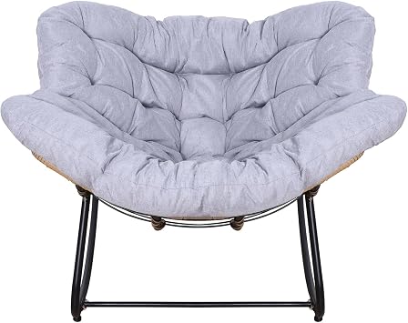 Outdoor Rattan Rocking Chair, Patio Comfy Reading Chair with Oversized Cushion, Indoor Recliner Wide Rocking Chairs for Balcony, Front Porch, Garden, Living Room, Grey