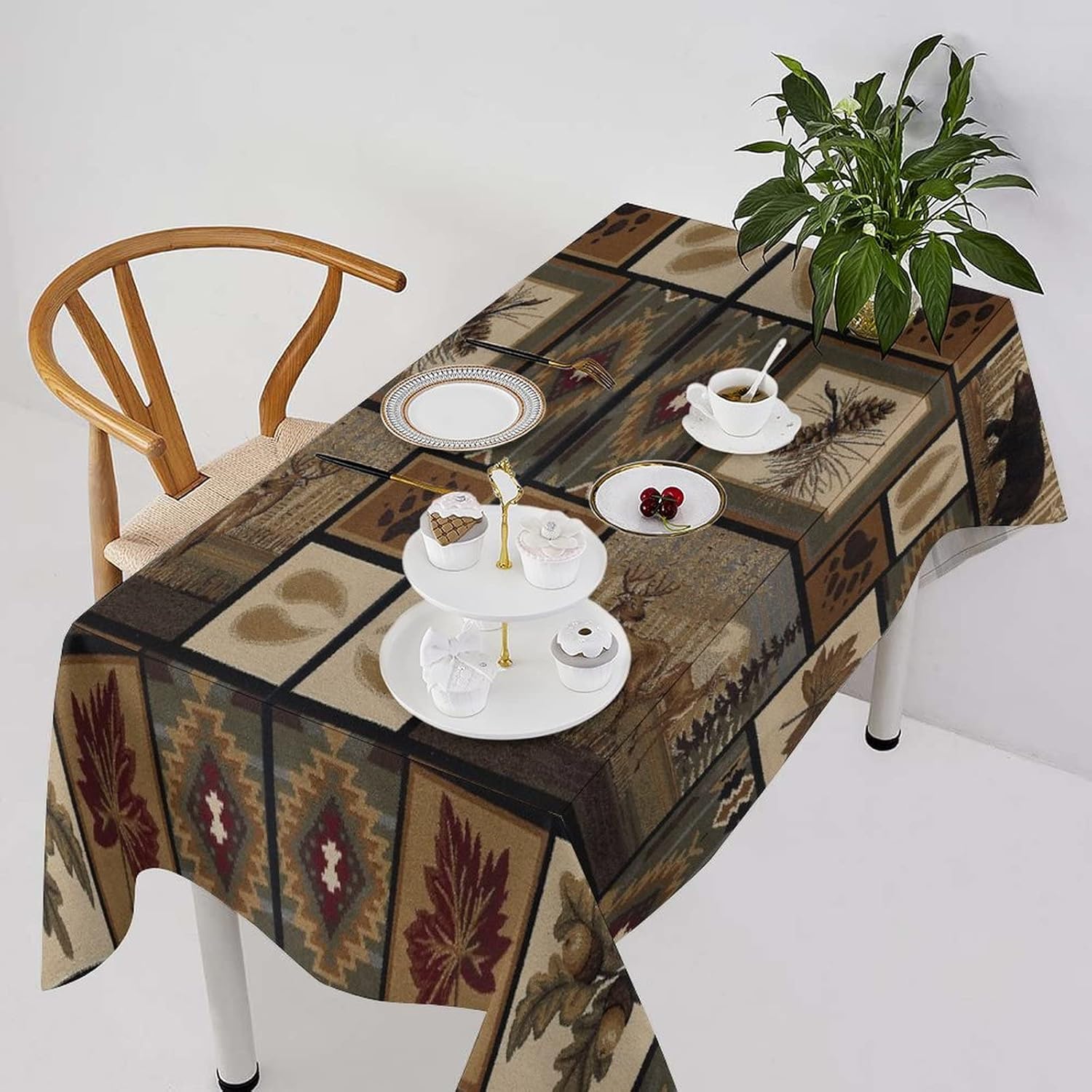 Rustic Bear Moose Deer Tablecloth, for Dinner Retro Rustic Vintage Bear Cottage Country Rustic Cabin 100% Polyester Tablecloth for Kitchen Dining Birthday Party Holiday Christmas Buffet 55"x55"