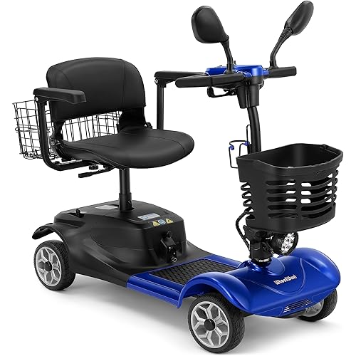 4-Wheel Mobility Scooter for Adults & Seniors - Heavy-Duty Compact Travel Scooter with Long-Lasting Battery, LED Lights, Basket & Portable Design (Blue)