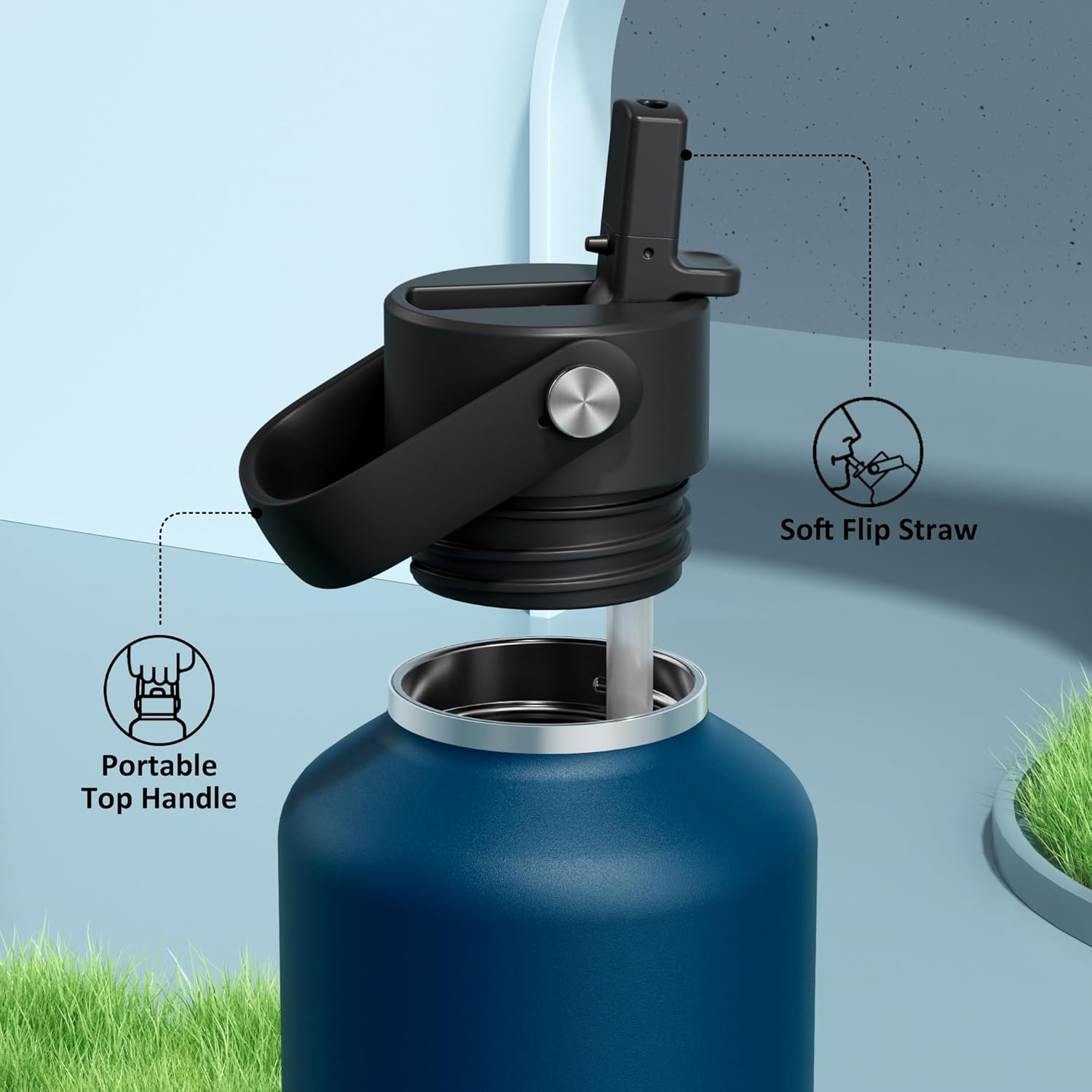 POWCAN 32 oz Water Bottle Insulated: BPA-Free, Leakproof Lid with Straw, Lightweight, Flex Cap, Stainless Steel Insulated Flask for Hoilday, Men, Commute, Worker, Walking, Cycling, Daily (Indigo Blue)