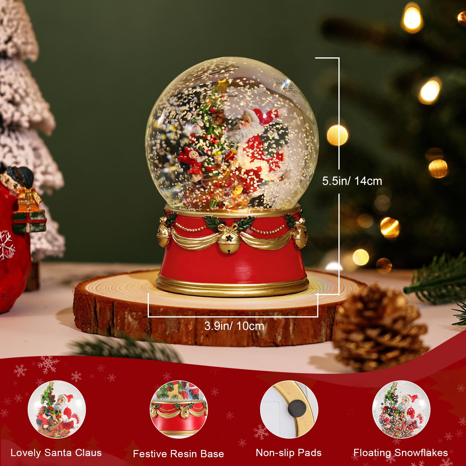 Lewondr Weihnachts-Schneekugel, Weihnachtsmann Beleuchtete Schneekugel mit Schneeflocke, Batteriebetriebene Weihnachts-Wasserkugel, Schneelaterne Weihnachtsdekoration für Haus Schlafzimmer, Rot