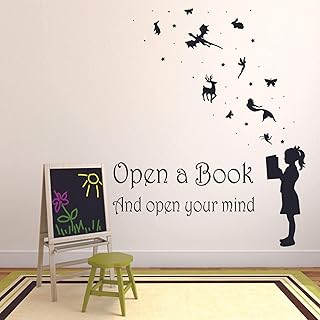 Reading Books Motivation Quotes Wall Sticker Vinyl Decal for Girls Boys Kids Library Bedroom Nursery Daycare Kindergarten Story Fun Home Decor Sticker Wall Art Vinyl Decoration Size (30x25 inch)