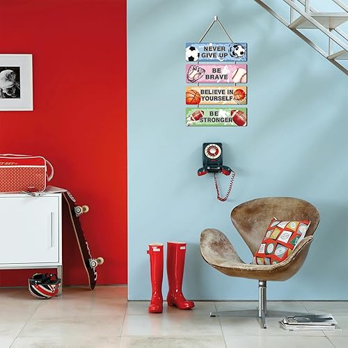 Miniatura 10 de HLNIUC Decoración de pared temática deportiva, letrero de madera de fútbol (3.5 x 12 pulgadas), letrero de madera inspirador de Never Give Up, arte