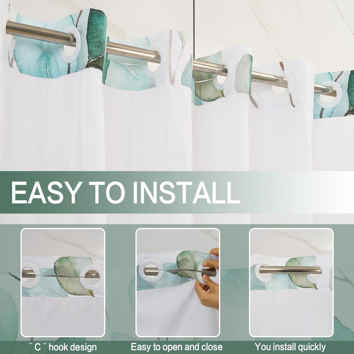 DASHAN No Hook Shower Curtain with Snap in Liner, Green Leaf Shower Curtains for Bathroom, Eucalyptus Leaves Bathroom Curtain Botanical Plants Fabric Bath Curtains 71"x74"
