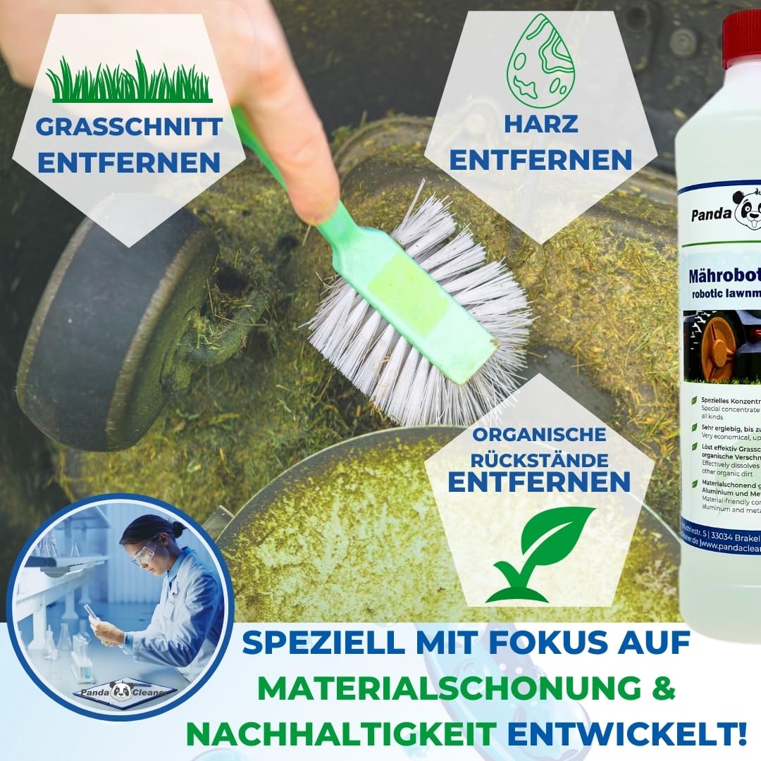 PandaCleaner BIO robot czyszczący do kosiarki – 1 l wysokiego koncentratu 1:100 – akcesoria do kosiarek Bosch, Einhell, Gardena, Husqvarna, Stihl, Wolf-Garten, Worx, Robomow i wielu innych.