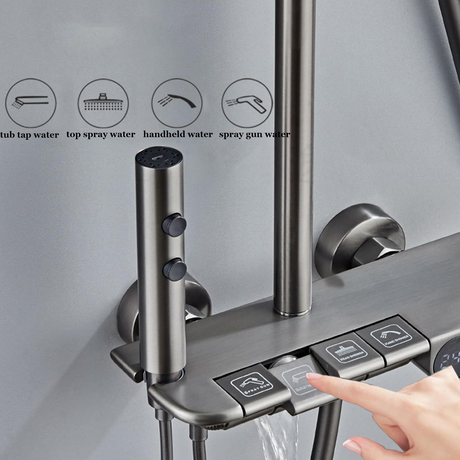 Set Rubinetto Doccia Grigio, Sistema di visualizzazione Digitale, Miscelatore Regolabile in Altezza con soffione a Pioggia 30x20 cm, doccetta a 3 modalità, spruzzatore Bidet a 2 Fu
