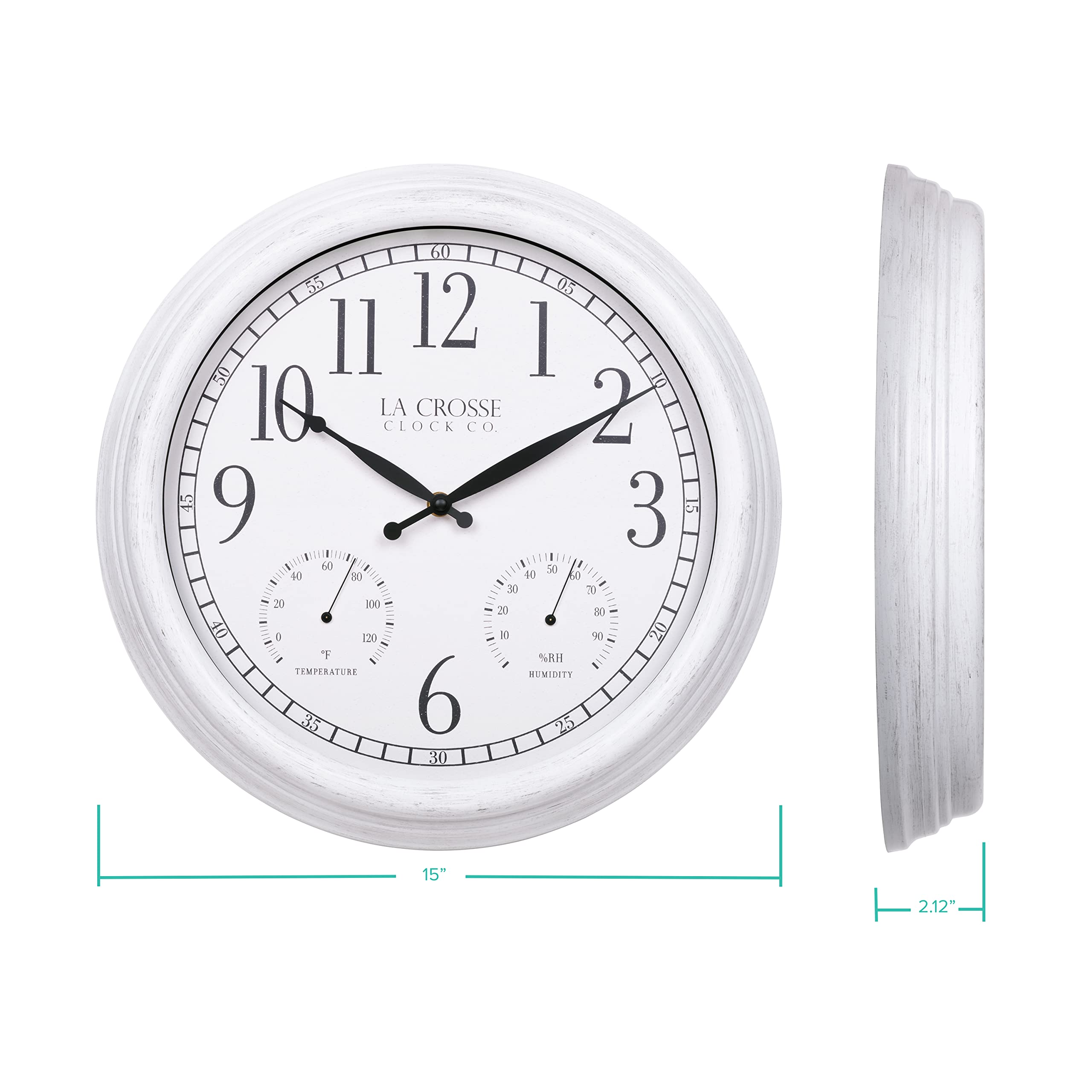 La Crosse Clock 404-3015CC 15 in. Indoor/Outdoor Payton White Quartz Wall Clock with Temp & Humidity