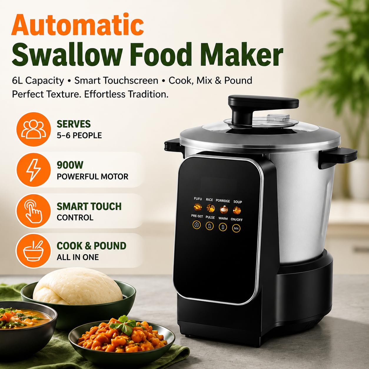 6L Electric Swallow Maker, 900W Automatyczna maszyna Fufu dla Ugali Amala Bank.Mikser Yam ze stali nierdzewnej z cyfrowym panelem dotykowym.Trwały design dla 5-6 osób.Łatwa czysta nieprzywierająca mis