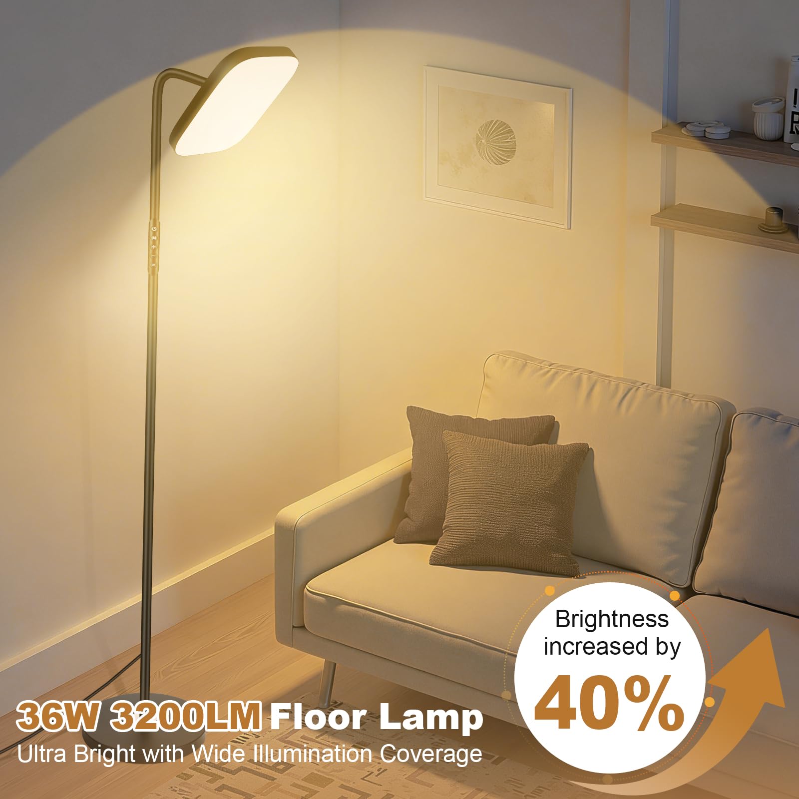 Lámpara de Pie LED Regulable 36W 3200LM con Mando y Control Táctil - 5 Temperaturas Color - Luz para Leer Ajustable 360° en Salón, Dormitorio, Oficina - Negro