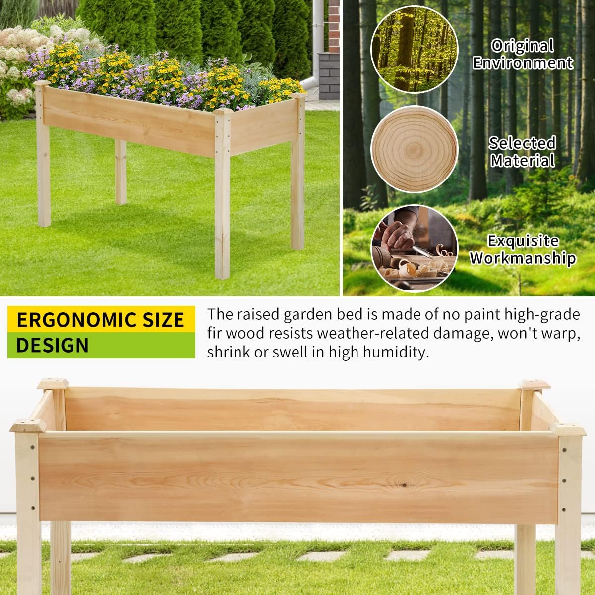 49x24x30 Inch Raised Garden Bed, Outdoor Elevated Wood Planter Box Stand for Vegetable Flower Herb, Backyard Patio Gardening Planter Box, Natural