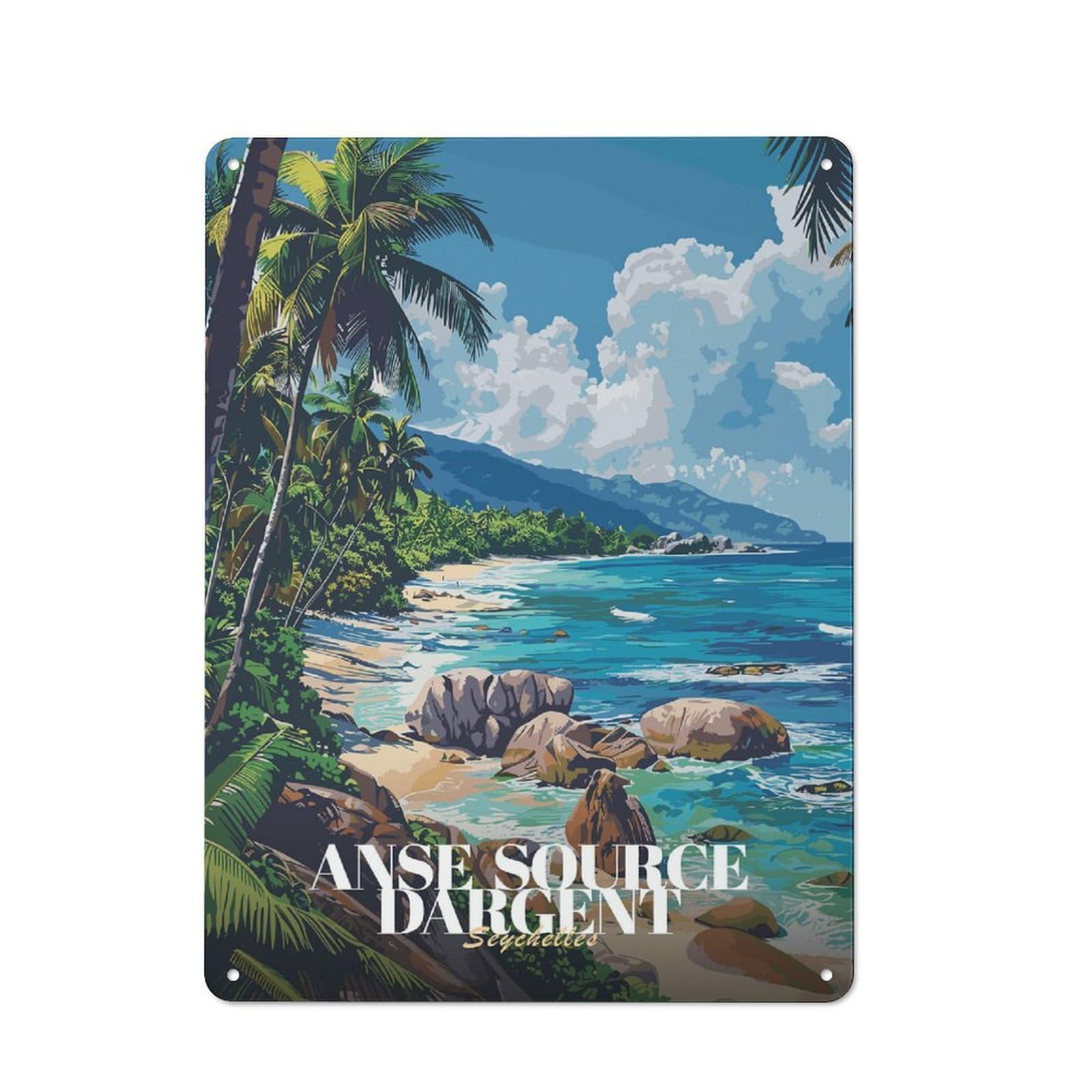 Junmoney Style-15 Tin Wall Plaque 40X30cm With Anse Source Dargent, Seychelles Beach For Bar Or Restaurant, For Hospitality Decor Collectors
