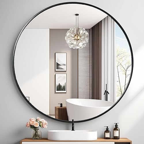 Espejo redondo grande de 42 pulgadas, color negro, espejo de pared con marco de metal, moderno espejo de tocador circular de gran tamaño, espejos de