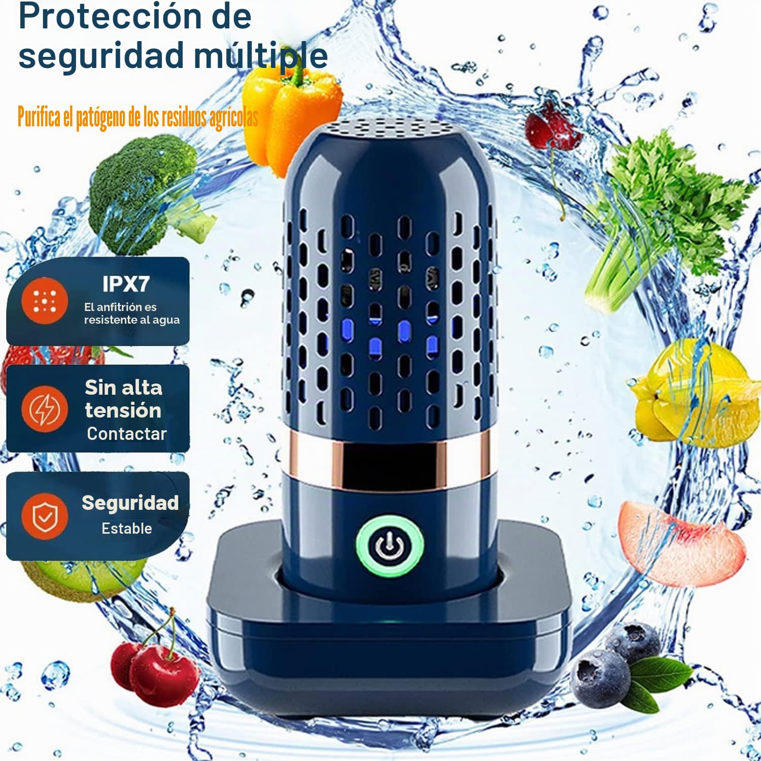 Lavadora de frutas y verduras portátil inalámbrica de frutas purificador de alimentos Máquina de desinfección para el hogar, azul oscuro