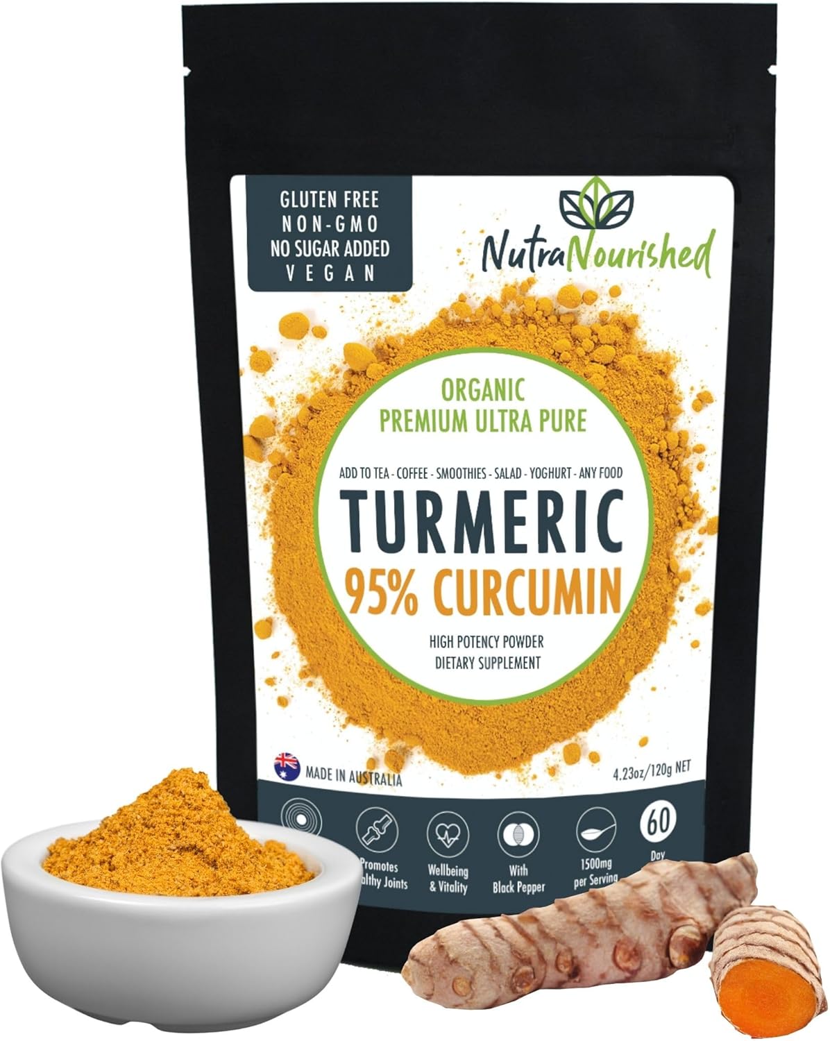 Organic Turmeric Curcumin Powder – 95% Curcuminoids (1500mg per Serve) with Black Pepper – Vegan, Gluten-Free, Non-GMO – Made in Australia – 120g