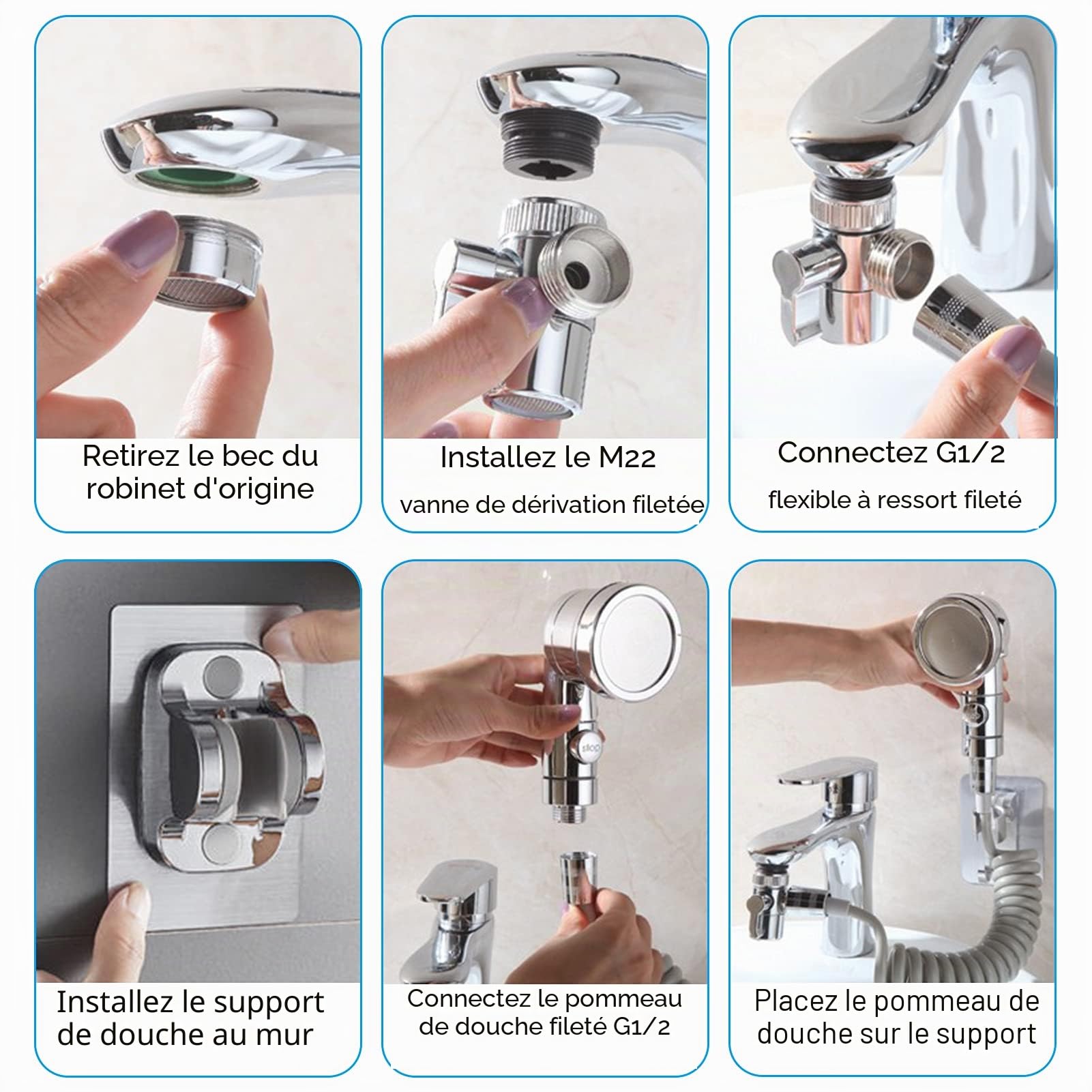 3 Modes Douchette Lavabo Salle de Bain avec Tuyau Télescopique de 2m et Support, Ensemble Pommeau Douche pour Lavabo avec 3 Voies Valve Inverseur de M22-24 G1/2(Gris Tuyau)