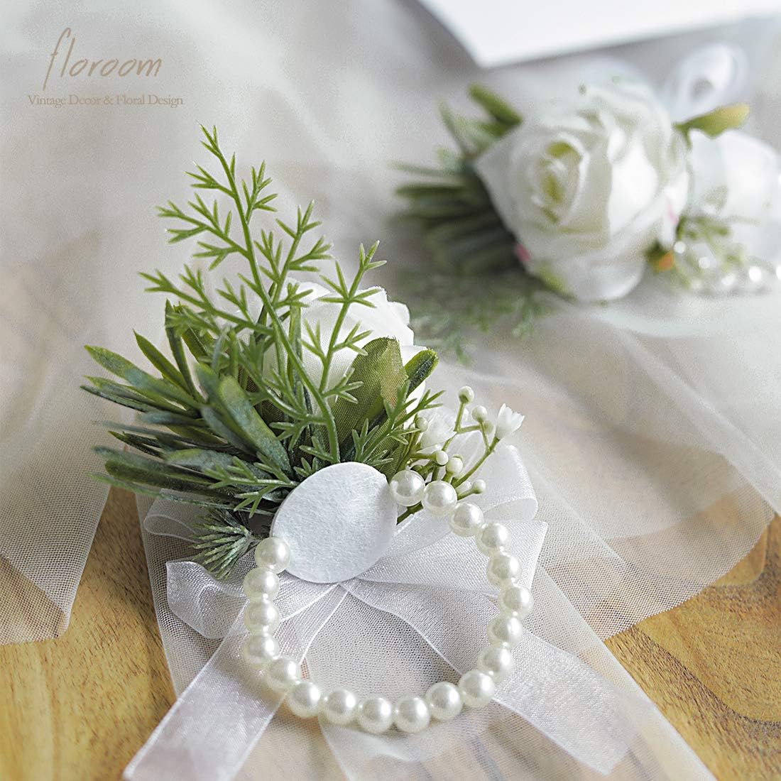Floroom Ivory Rose Wrist Corsage Wristlet Band Bracelet for Women Bride Bridesmaid White Wedding Prom Set of 2 - Image 5
