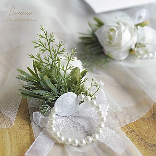 Miniatura 6 de Floroom Juego de 6 pulseras de ramillete de rosa marfil para mujer, novia, dama de honor, blanco, boda, baile de graduación