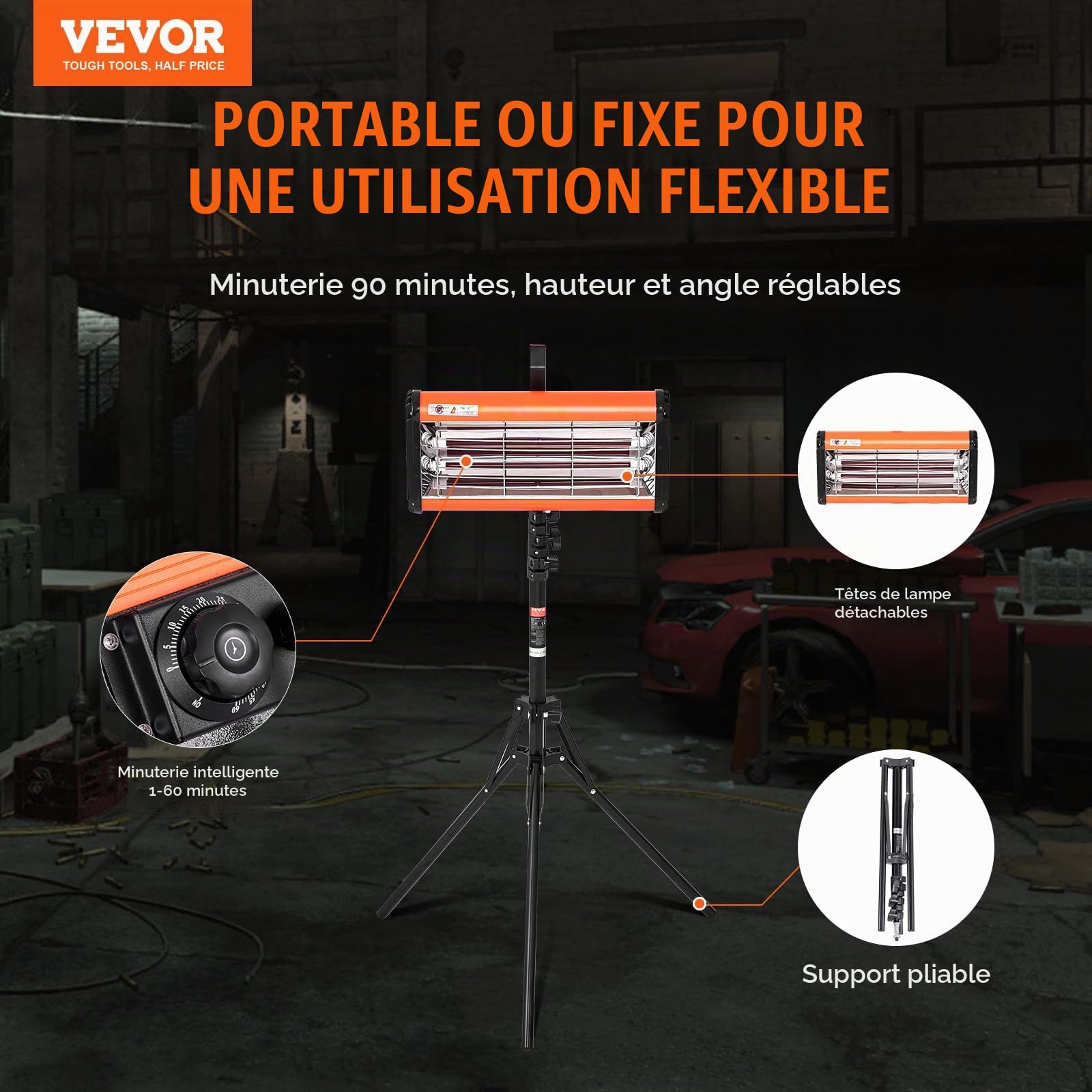 VEVOR Lampe polymérisation infrarouge double usage séchoir peinture portable sur pied, 2000 W, minuterie 0-90 min, chauffage auto pulvérisation 0,33 ㎡, lampe à polymériser avec support pour réparation