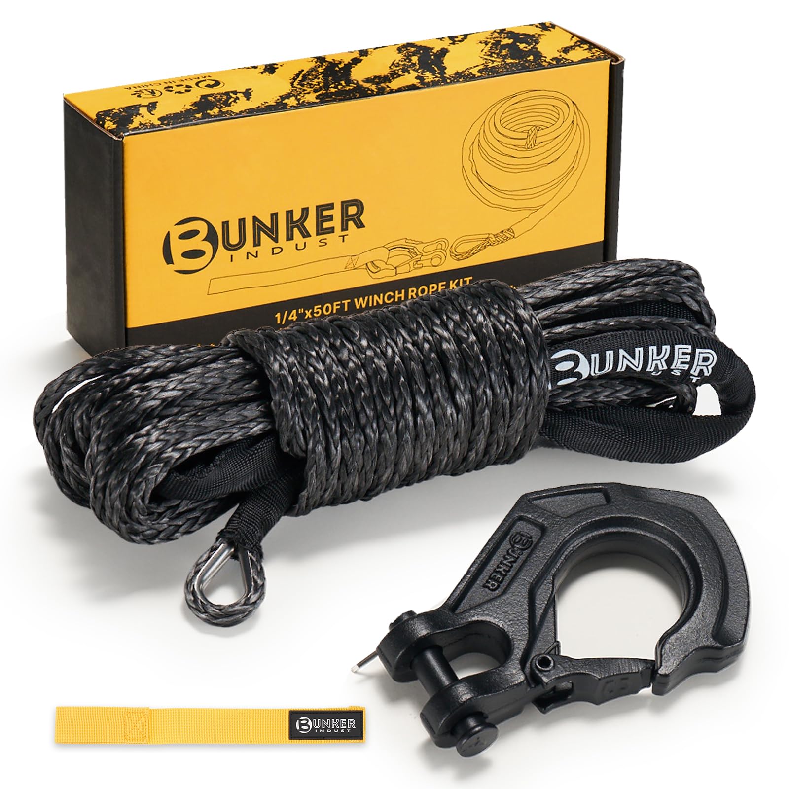 BUNKER INDUST 1/4" x 50' Synthetic Winch Rope Kit,11023LBS Winch Line with Protective Sleeve + Forged Winch Hook + Strap, Nylon Winch Cable Replacement for 3500-6000LBS Winch Off-Road ATV UTV