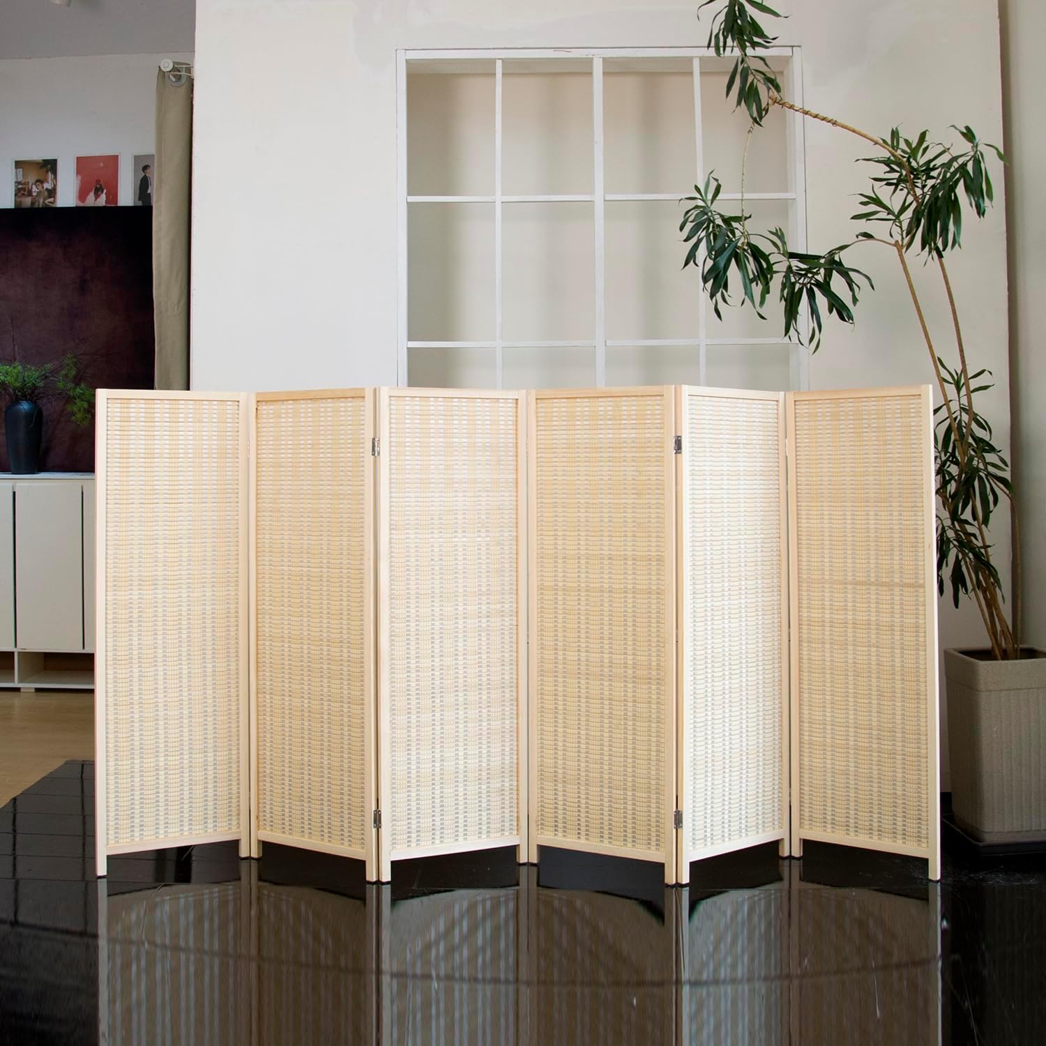 6 Panel Short Room Divider – 3.9 ft Tall Double-Side Folding Privacy Screen, Natural Beige Bamboo Partition Wall for Home Office, Living Room & Corner Spaces