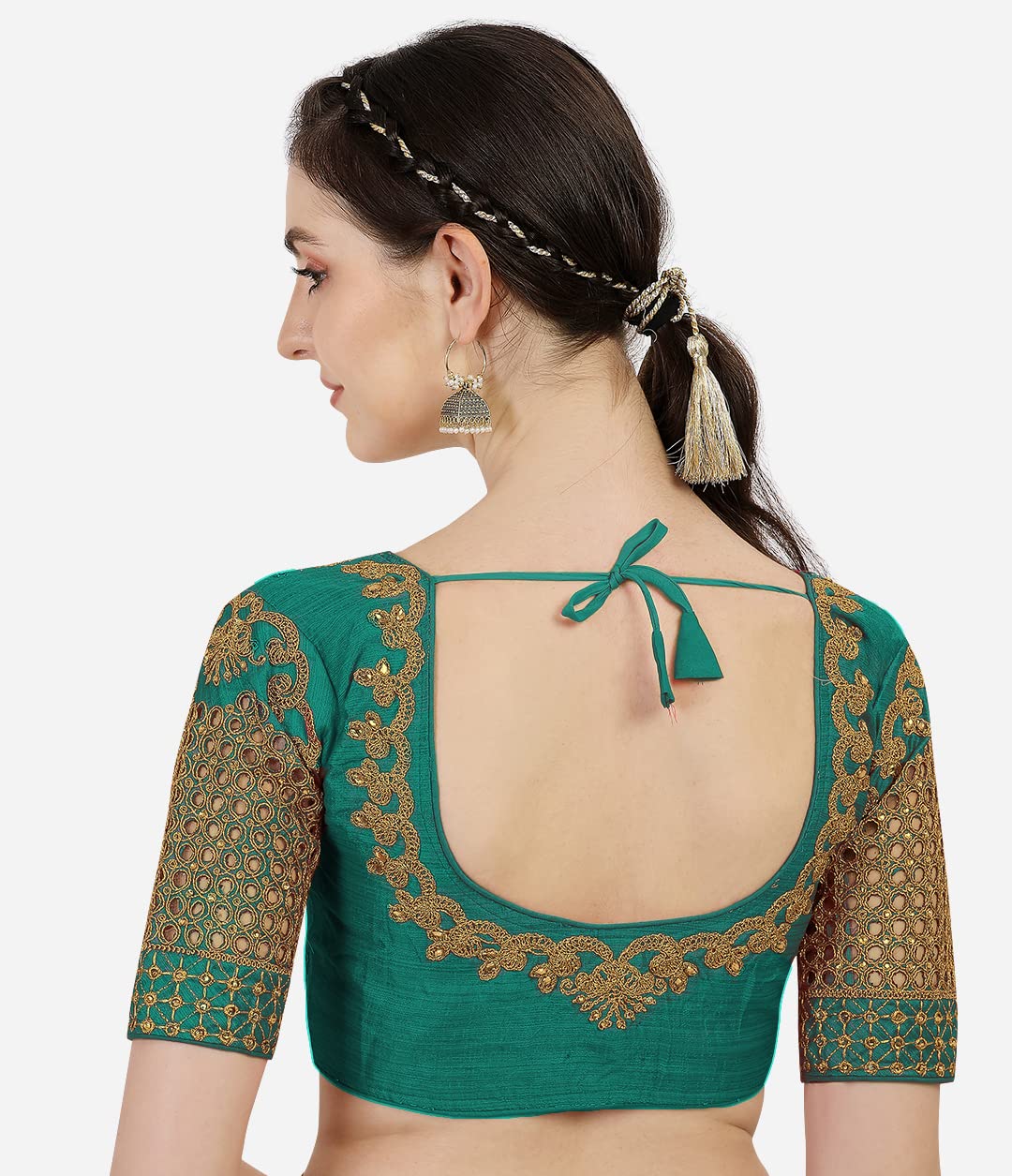 Pujia Mills Women's Silk Half Sleeve Readymade Blouse (Jali New Variation Blouse_Rama_38)