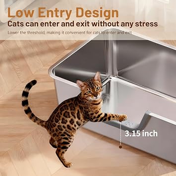 Stainless Steel Cat Litter Box, Steel Litter Pan with Curved Low Entry, Leak Proof 6 Inch High Side for Urine, Easy Entry for Kittens Older Cats, No Slip, 17.7 x 13.8 x 6, Silver