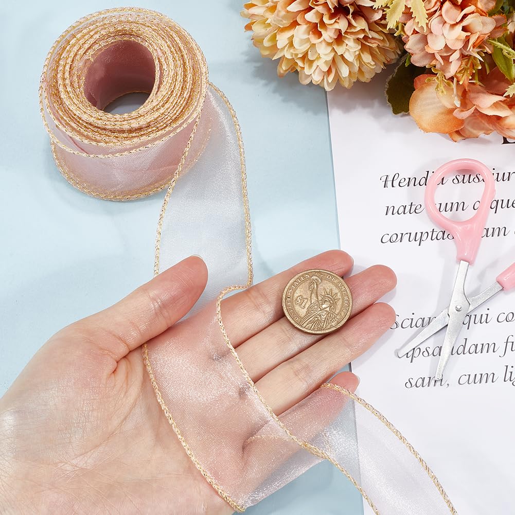 CRASPIRE 1-5/8” Wide Pink Gold Wired Sheer Ribbon Organza Tulle Gift Ribbon Handmade Chiffon Fabric 6.5Yd for Gift Wrapping Wedding Flower Bouquet Christmas Wreaths Xmas Crafts Hair Bow Party Holiday - Image 3
