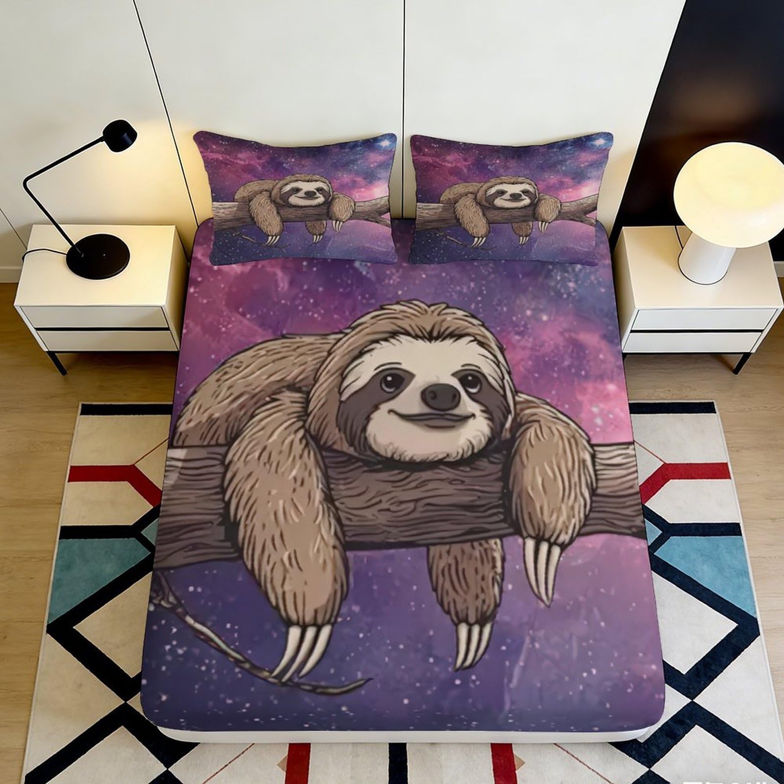 3D Printed Sloth Galaxy Fitted Sheet Microfiber Soft Breathable Cosmic Mattress Cover for Bedroom Dormitory Guest Room Mattress Protection Decor 200x200x25cm