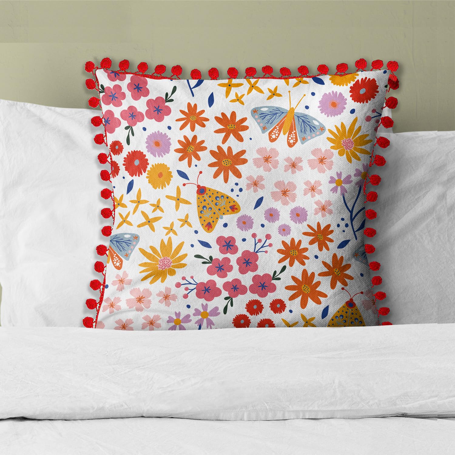 100% Butterfly and Flower Printed Cushion Cover,16 inch x 16 inch, Bright Colorful Living Room Sofa Decor, Birthday Gift Girl Friend