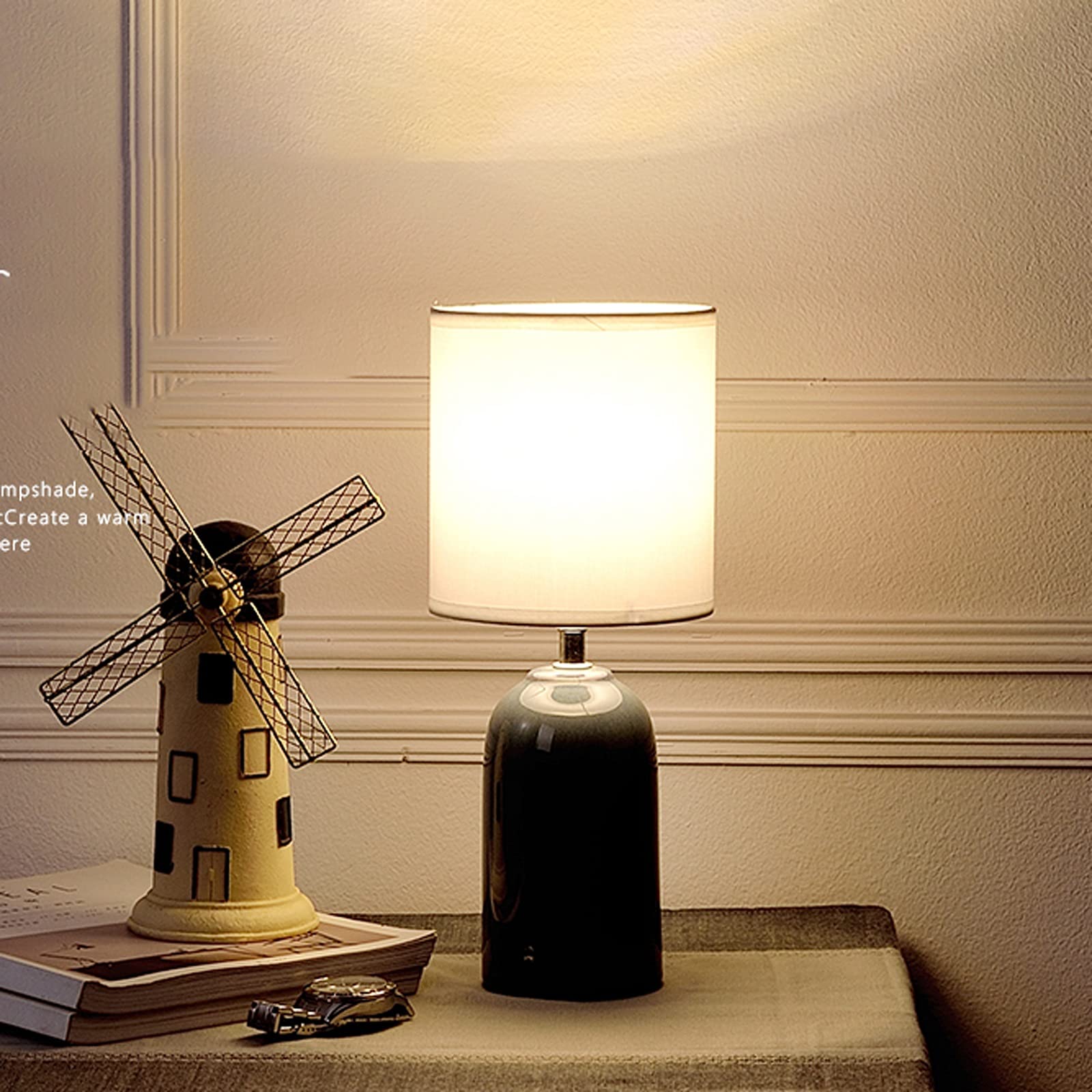 CCXXYGWJ na biurko Retro Niebieskie lampy stołowe Lampki nocne z abażurem z tkaniny Zwięzłe lampy nocne do domowego biura Cafe Lampka do nauki, 13,4" H Lampka na biurko na biurko Led