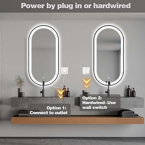 Miniatura 27 de Espejo de baño LED ovalado de 32 x 20 pulgadas con luces, espejo de tocador negro con luz antiniebla montado en la pared, espejo ovalado LED