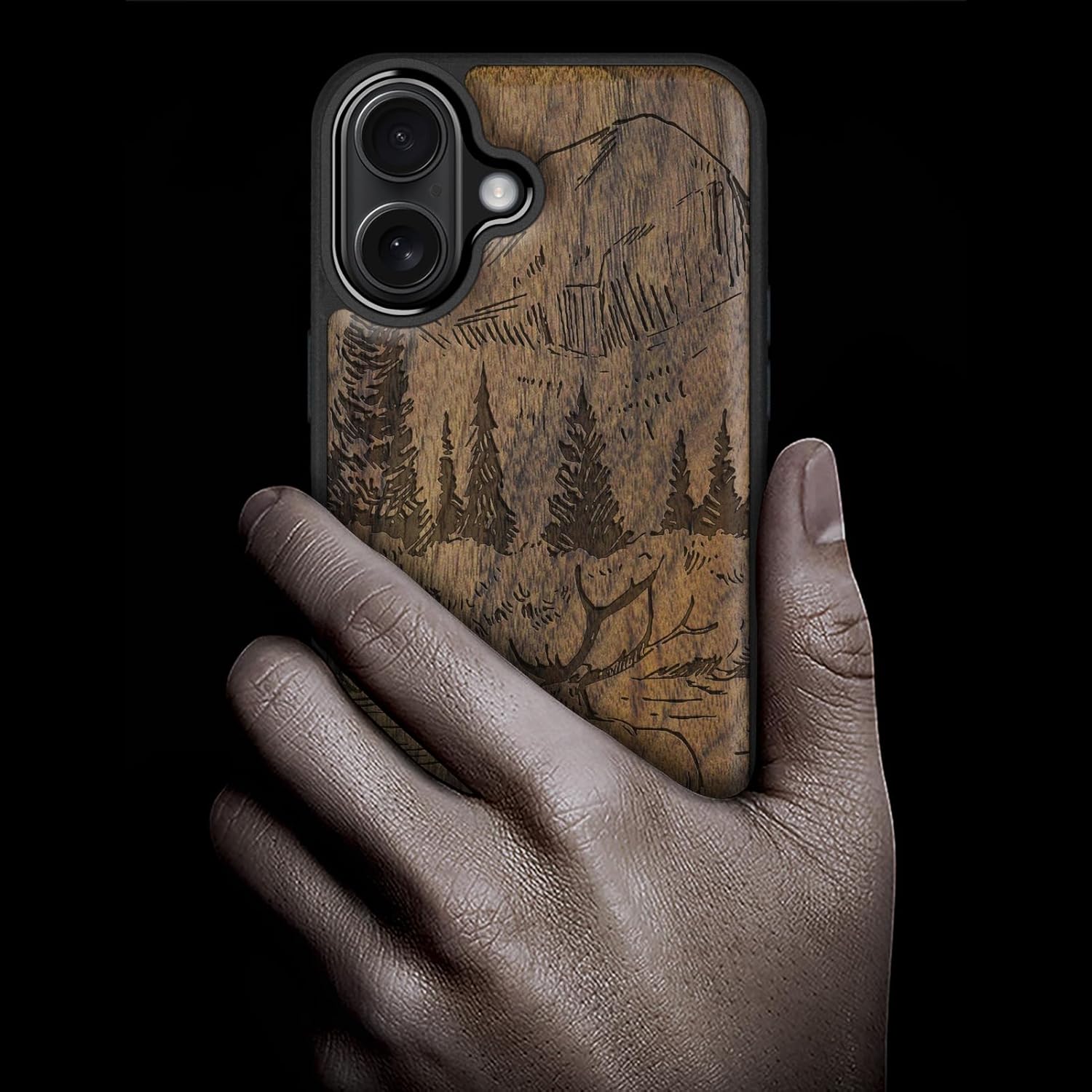 Carveit Magnetic Wooden Case for iPhone 16 Case, Wood Artisan Engraved & Black Soft TPU Shockproof Cover, Compatible with MagSafe Wireless Chargers (Mountains and Deer) Walnut - Image 2