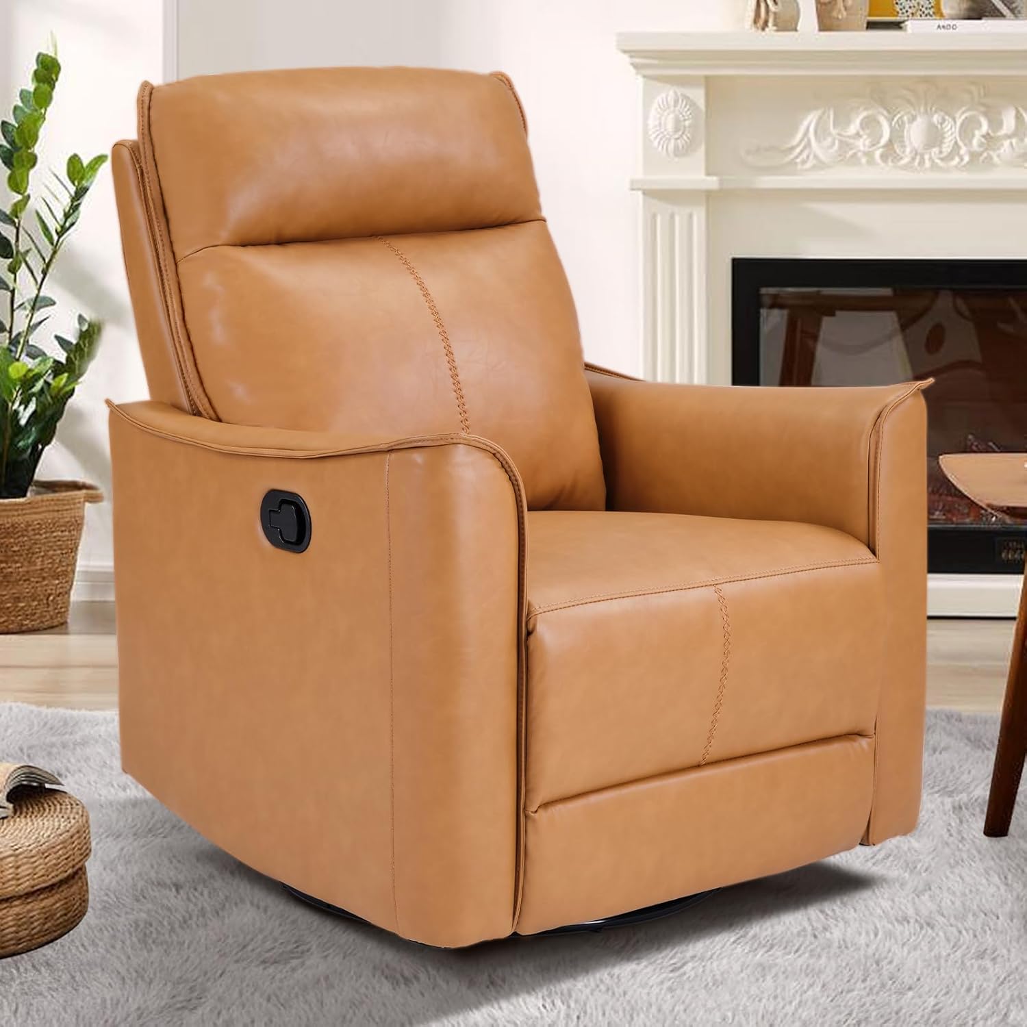 Swivel Rocker Recliner, Glider Rocking Chair, Nursing Chairs Swivel Glider Recliners with Soft Backrest, Leathaire Manual Reclining Sofa for Living Room Bedroom Apartment, Camel