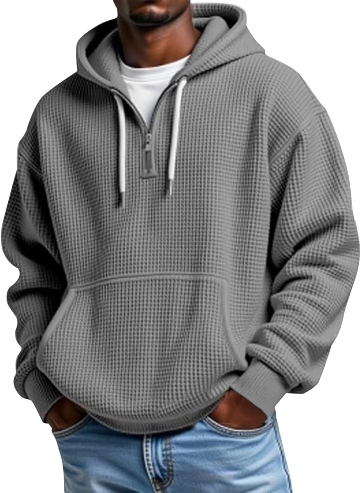 Men's Quarter Zip Pullover Textured Waffle Hoodies Casual Solid Color Long Sleeve Hooded Sweatshirts with Pocket