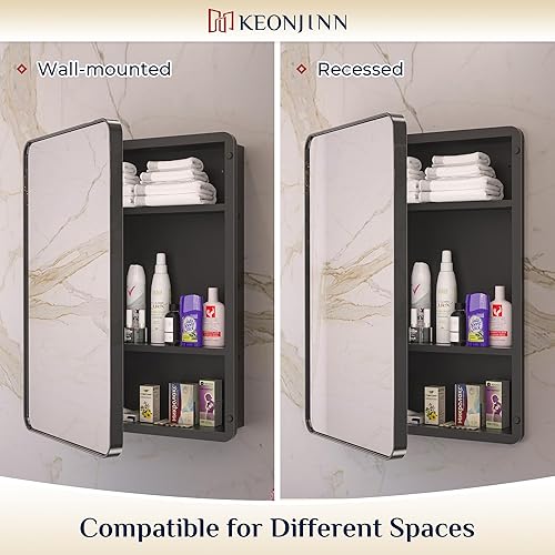 Miniatura 6 de Keonjinn Armarios de medicina de baño negros de 48 x 32 pulgadas con espejo, estantes ajustables, marco de acero inoxidable, bisagra de cierre