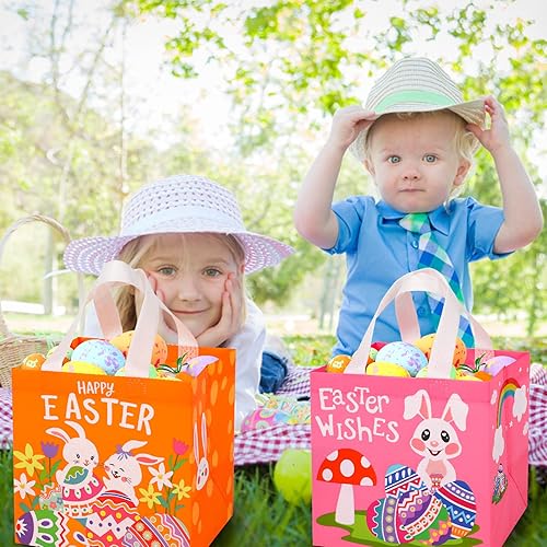 Miniatura 6 de Bolsas de regalo de Pascua, bolsas de compras no tejidas de Pascua con asas para fiestas de vacaciones (paquete de 8), Verde, naranja, rosa, azul