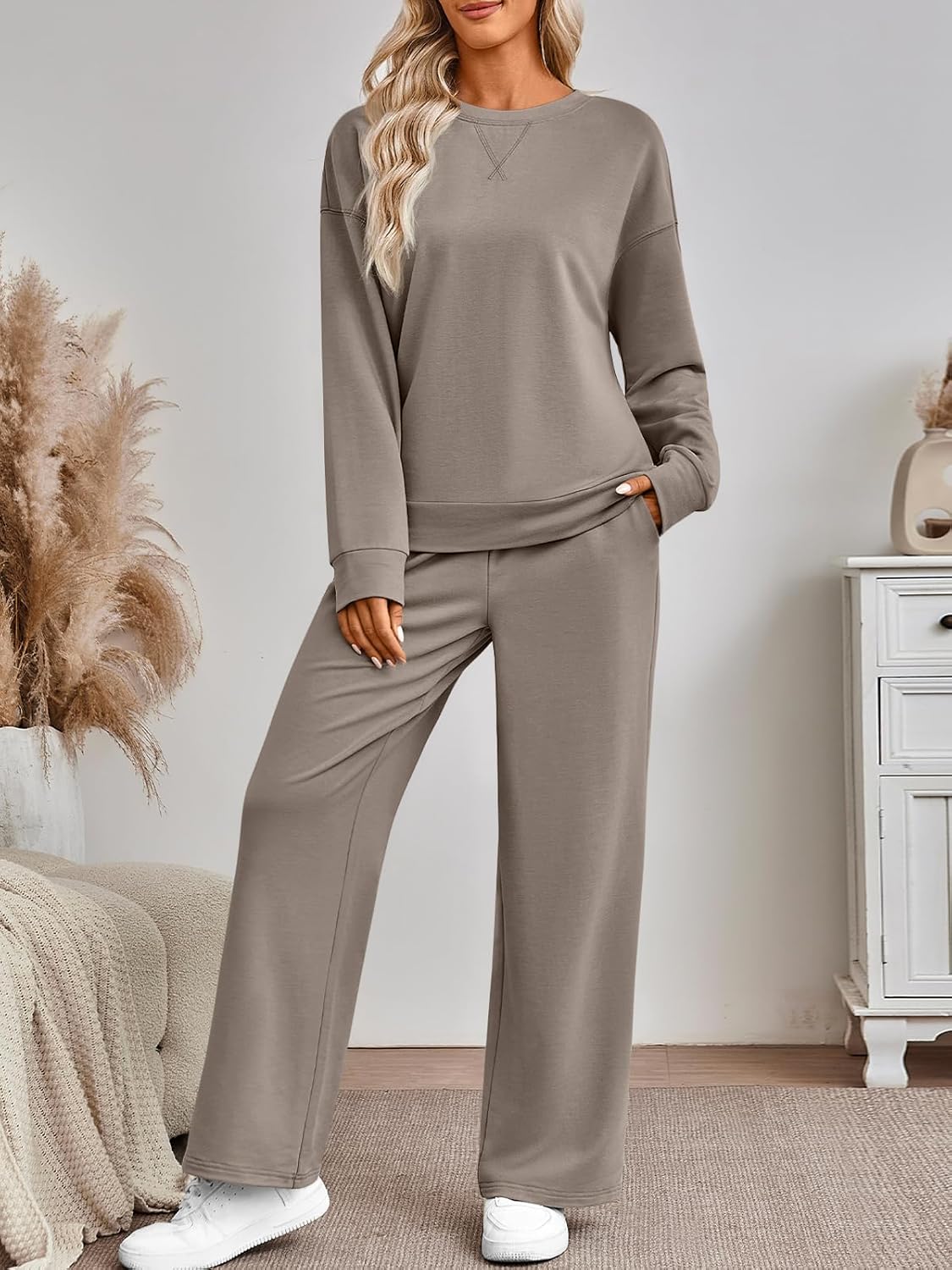 AUTOMET Womens Sweatsuits 2 Piece Sets Travel Outfits 2026 Fall Matching Lounge Set Oversized Sweatshirt Wide Leg Pants - Image 3