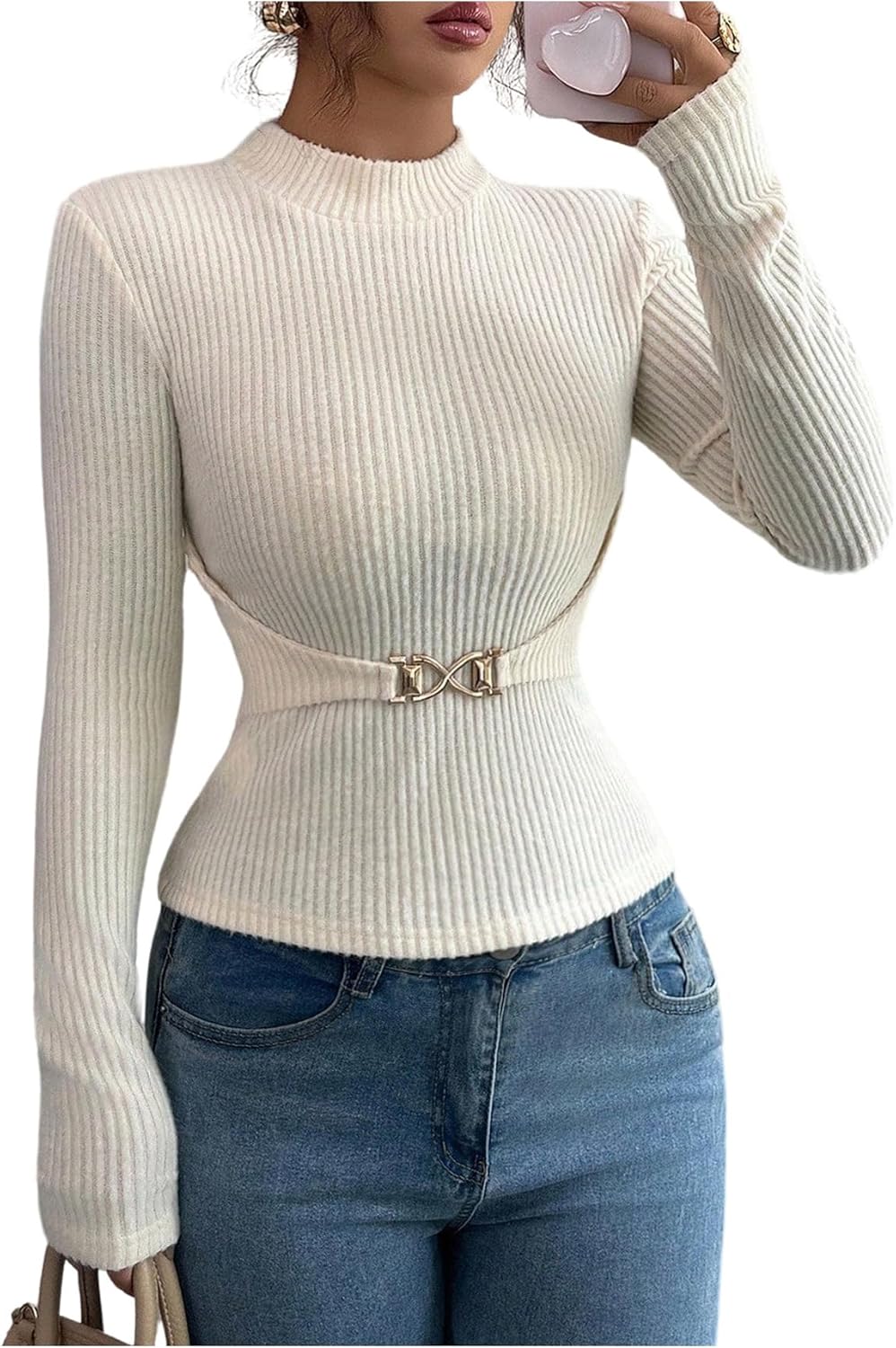 MakeMeChic Women's Business Casual Tops Mock Neck Cute Long Sleeve Tops Metal Decor Fitted Fall Clothes Apricot Medium