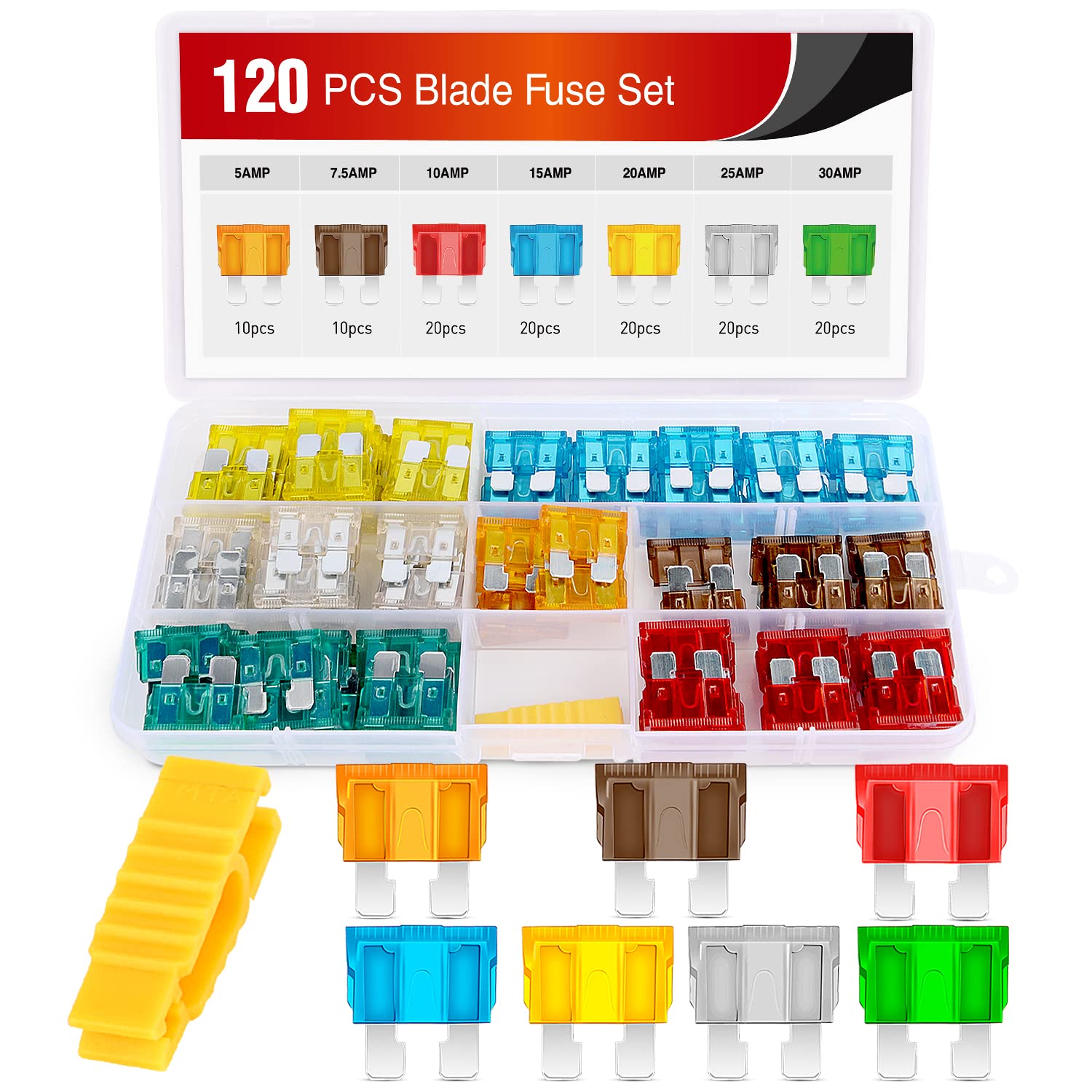 Nilight - 50016R 120 pcs Standard Fuse Assortment kit β 5, 7.5, 10, 15, 20, 25, 30 AMP β Regular APR/ATO (Open)/ATC Blade Fuses for Cars, Trucks, Boats,Automotives,2 Years Warranty