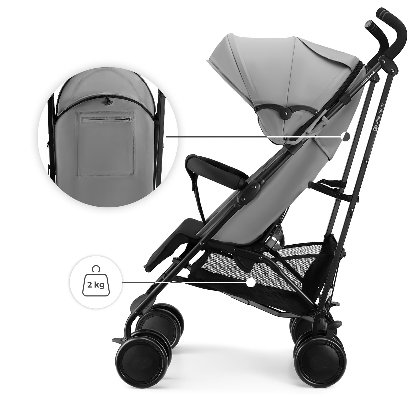Kinderkraft silla de paseo SIESTA 2 hasta 22 kg, ligera, solo 7,9 kg, plegado tipo paraguas, posición tumbada, reposapiés ajustable, capota transpirable con malla y ventana peekaboo, compacta, Gris