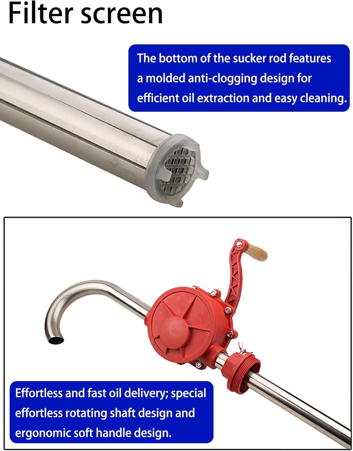 304 Stainless Steel Manual Hand Pump for Diesel, Gasoline, Heating Oil Transfer, Fits 5-55 Gallon Drums