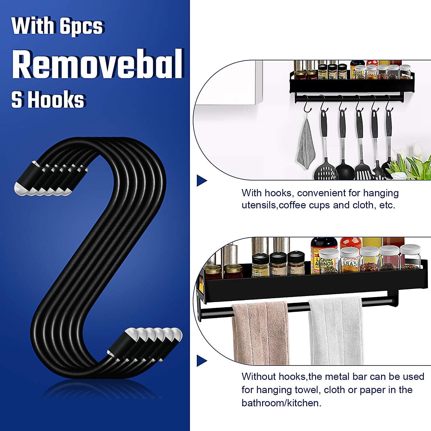 ANEDER Spice Rack Organizer with S Hooks Wall Mounted Holder Metal Floating Shelves with Towel Bar and 6 Removable Hooks, Adhesive/Drill Installation Storage Saving Space for Home Bathroom Kitchen