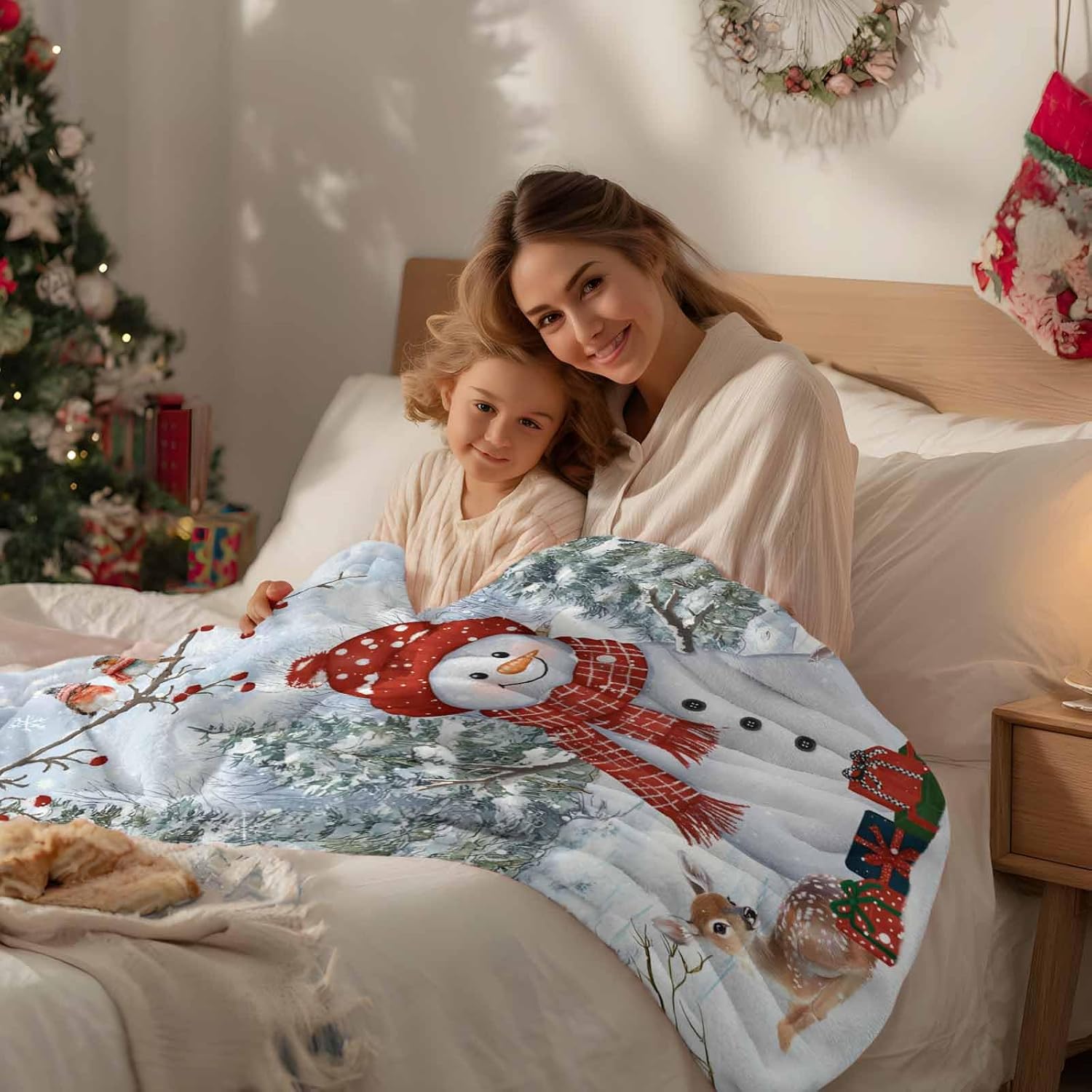 Christmas Throw Blanket Snowman Reindeer Red Berry,Warm Soft Plush Lightweight Flannel Fleece Blankets Pine Tree Snow Scene,Microfiber Throws for Bed Sofa Couch Camping All Seasons Use 60x80In