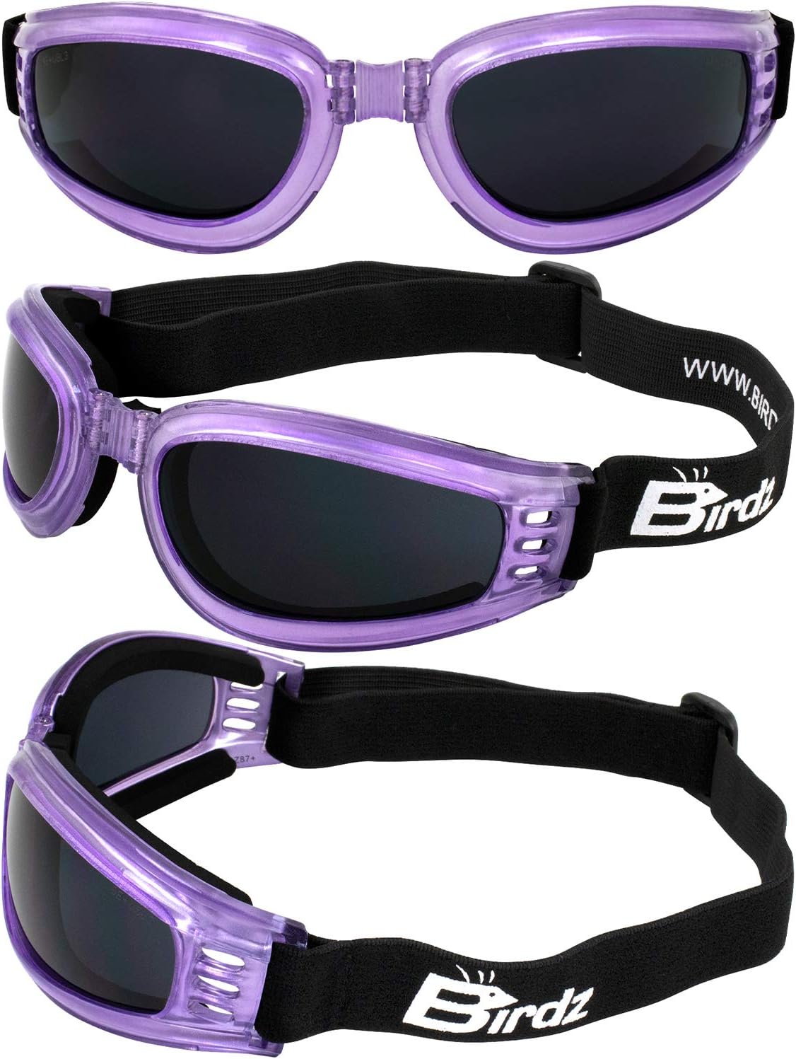 Birdz 2 Pairs of Eyewear Cardinal Women's Purple Padded Motorcycle Goggles with Super Dark & Clear Lenses - Image 7